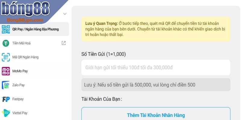 Điều kiện để thực hiện nạp tiền BONG88 thành công