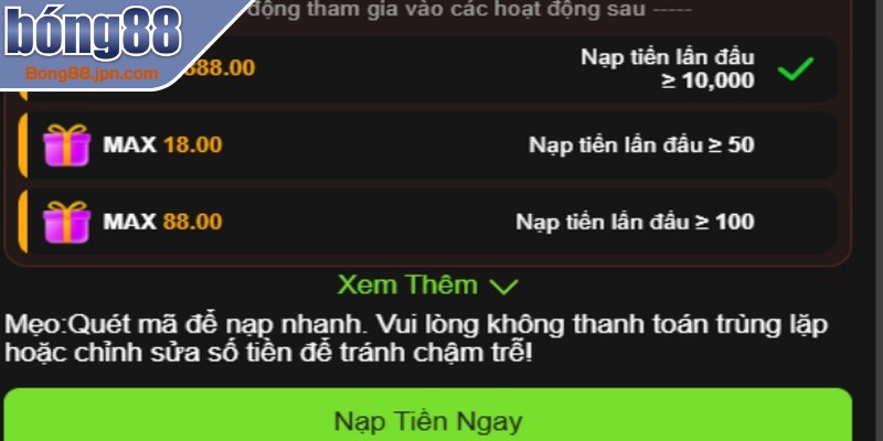 Cách để nhận khuyến mãi khi nạp tiền BONG88 ngân hàng